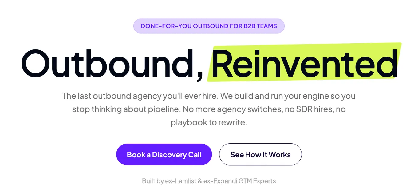 The Outbound, Reinvented landing page: done-for-you outbound for B2B teams, with a Book a Discovery Call button