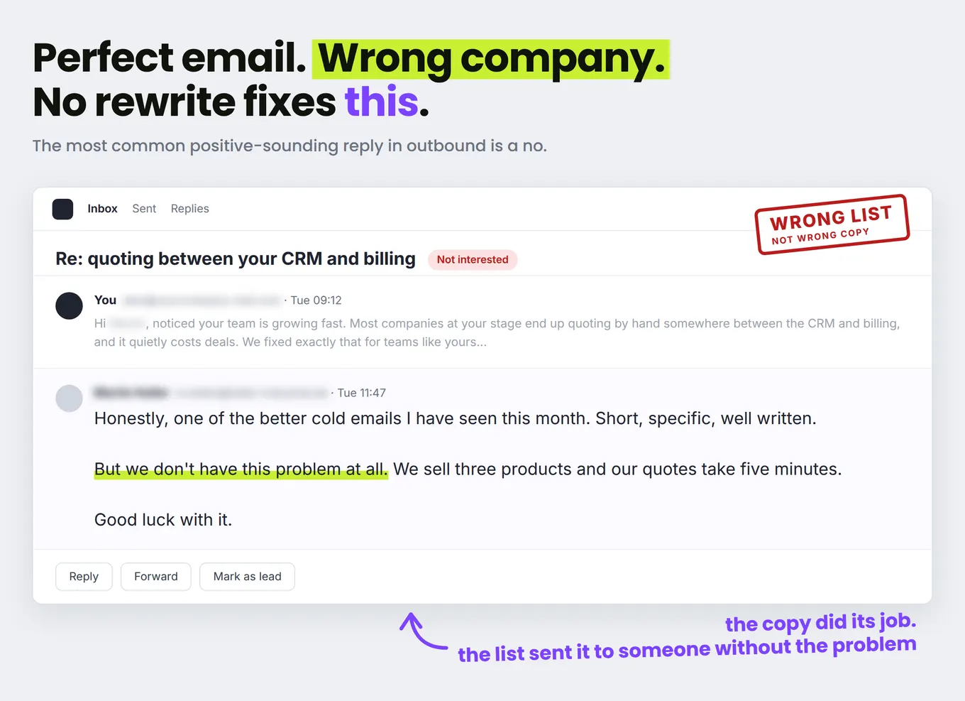 A cold email reply: one of the better cold emails this month, but we don't have this problem at all, stamped Wrong list, not wrong copy
