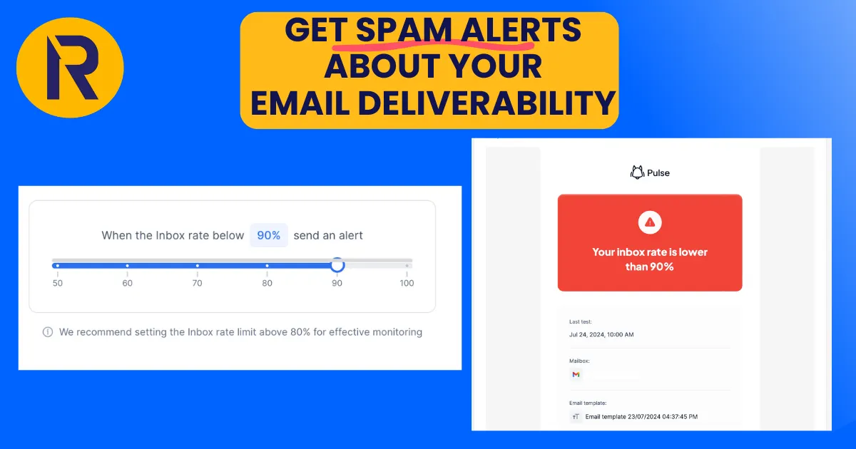 Get spam alerts about your email deliverability: an alert slider set to 90% inbox rate and a Pulse alert saying the inbox rate is lower than 90%