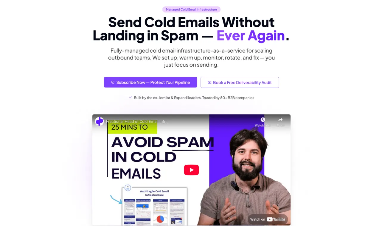 Managed cold email infrastructure page: the headline Send Cold Emails Without Landing in Spam, two buttons and a video