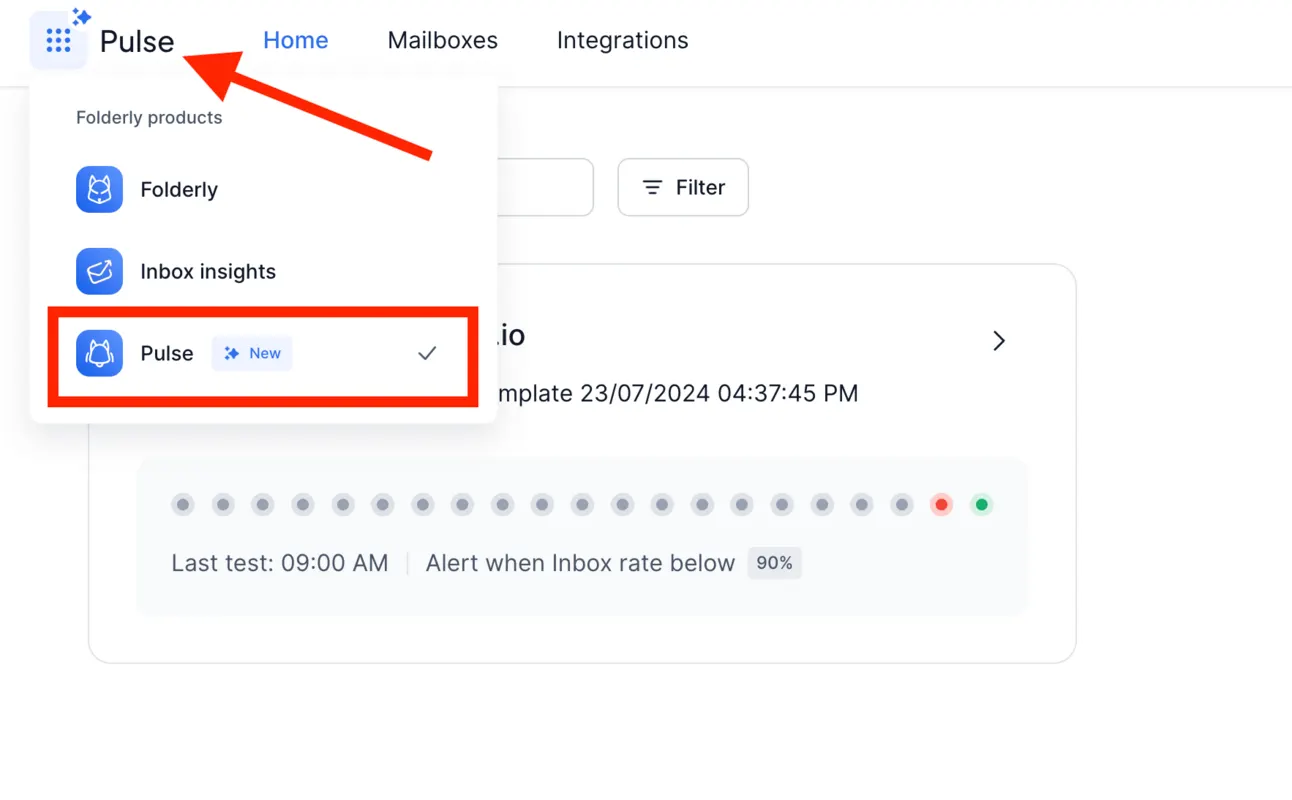 Pulse app menu with Folderly, Inbox insights and Pulse, Pulse highlighted, above a monitor that alerts when inbox rate drops below 90%