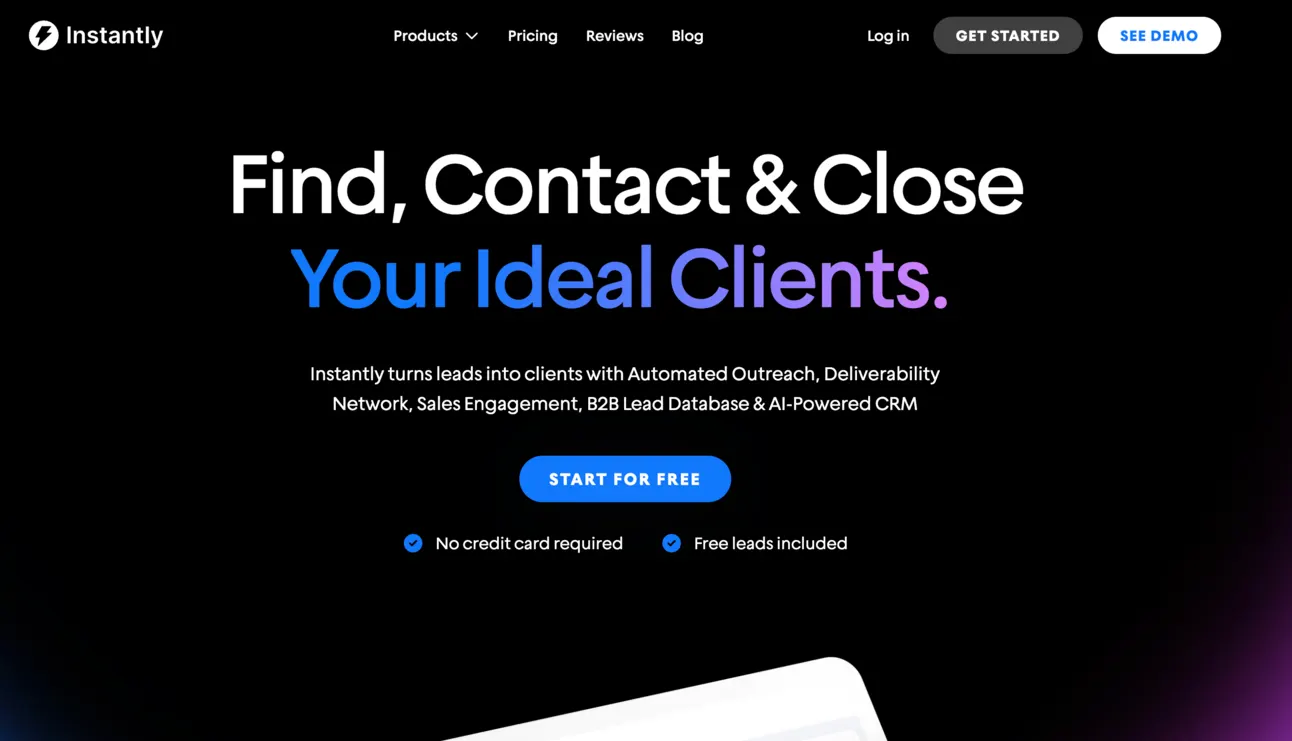 Instantly home page with the headline Find, Contact & Close Your Ideal Clients and a Start for free button
