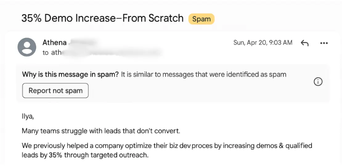A cold email in Gmail's spam folder with the notice Why is this message in spam? It is similar to messages that were identified as spam