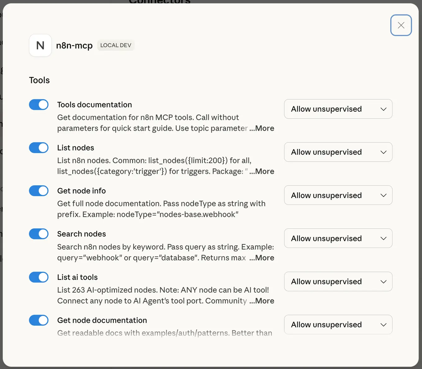 Claude connector settings for n8n-mcp with every tool, such as Tools documentation and Search nodes, set to Allow unsupervised