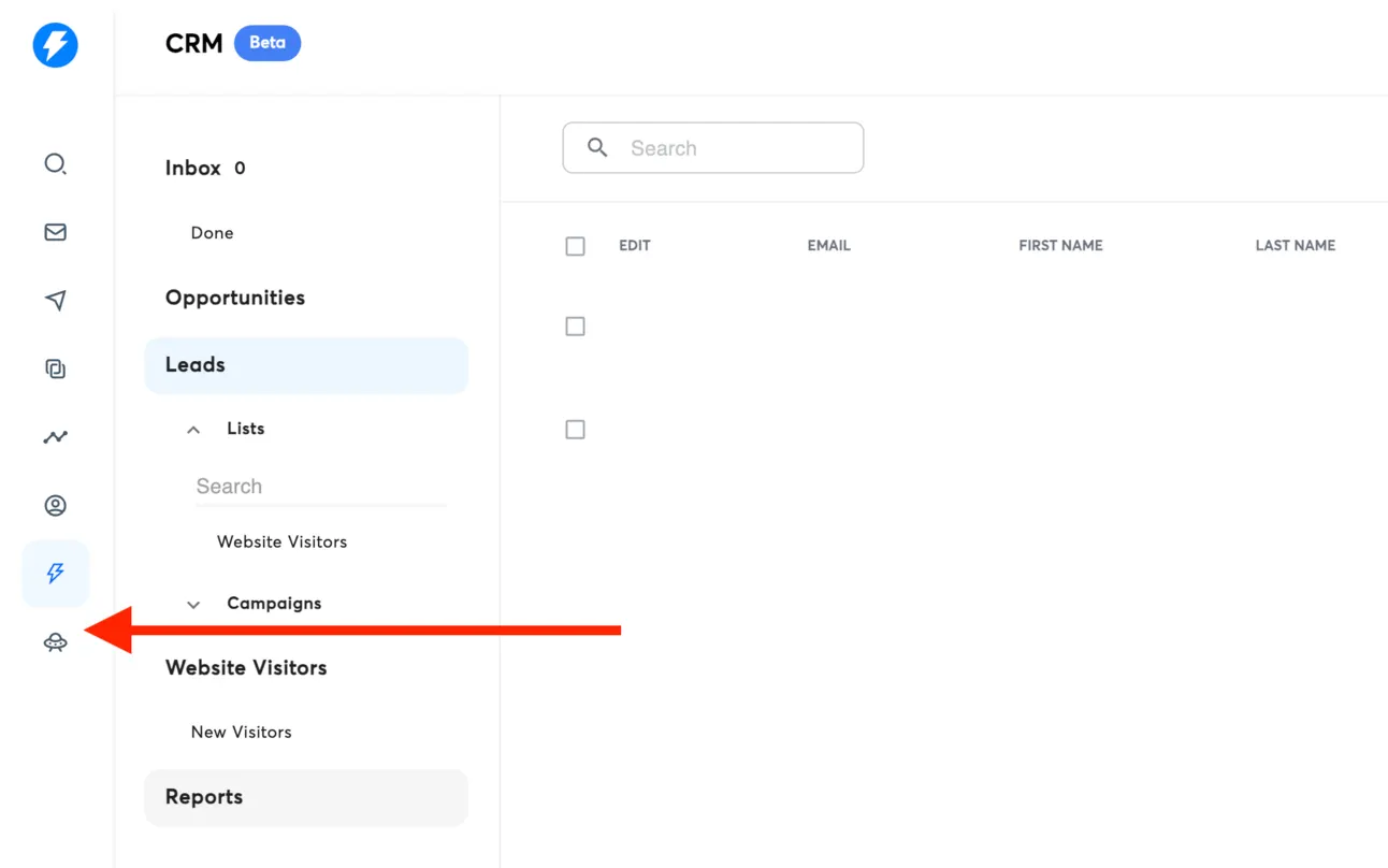 Instantly left sidebar with a red arrow pointing to the Website Visitors icon, the last button in the bar