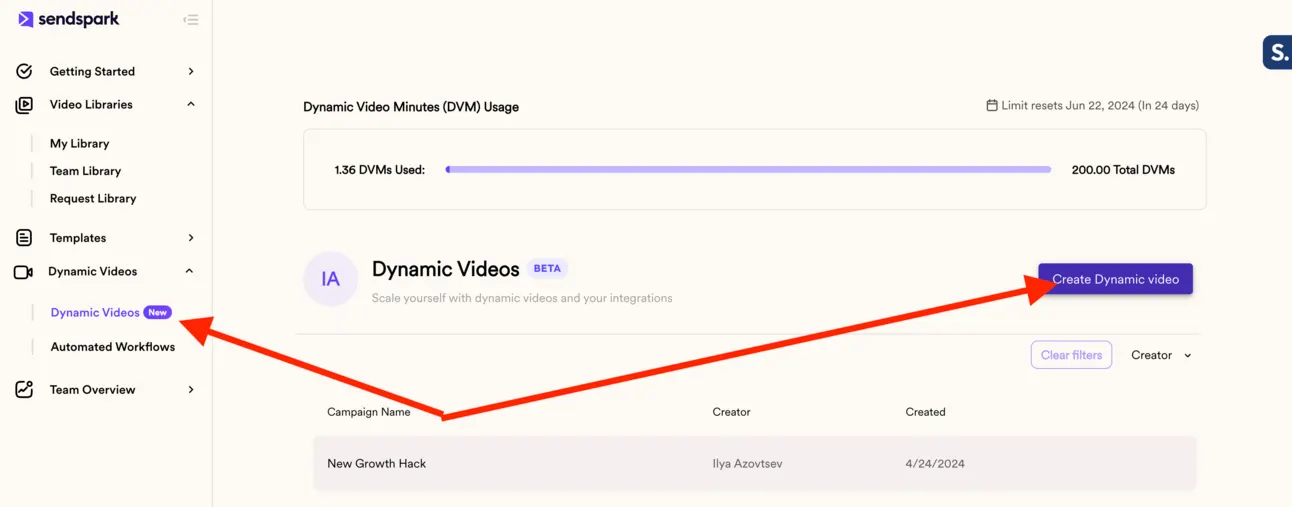 Sendspark Dynamic Videos page with arrows pointing at the menu item and the Create Dynamic video button