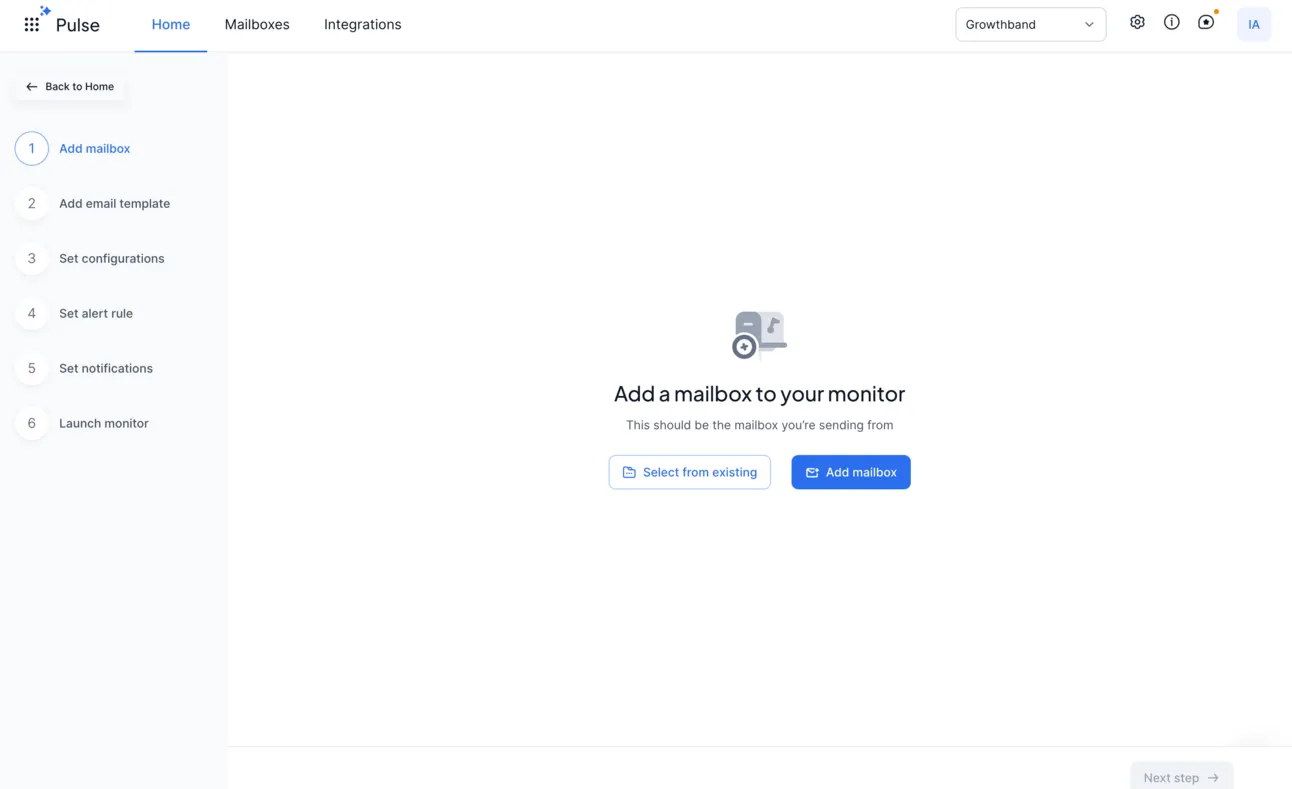 Pulse monitor setup, step 1 of 6: add the mailbox you send from, with Select from existing and Add mailbox buttons