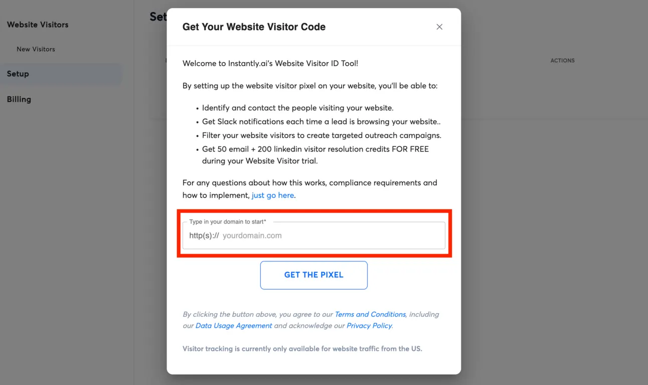 Get Your Website Visitor Code dialog with the domain field highlighted above the Get the pixel button