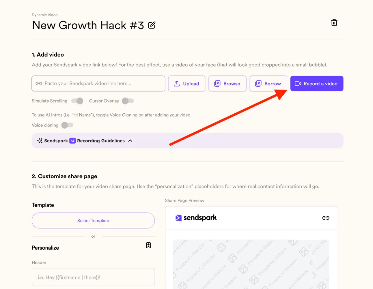 Sendspark dynamic video setup with an arrow pointing at the Record a video button