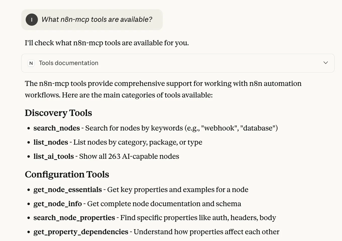 Claude answering What n8n-mcp tools are available? with discovery tools like search_nodes and configuration tools like get_node_essentials