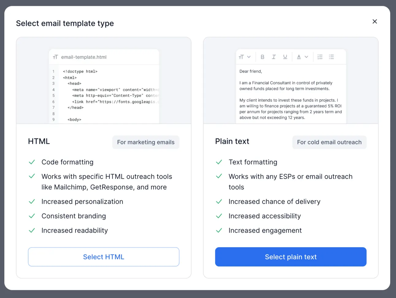 Select email template type dialog: HTML for marketing emails or plain text for cold email outreach