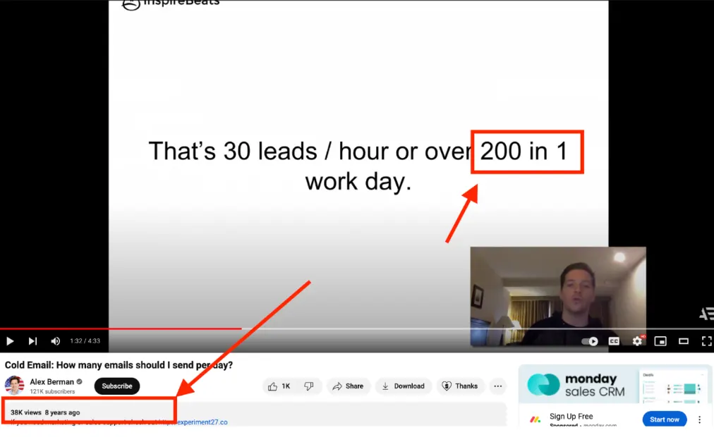 YouTube video from 8 years ago, Cold Email: How many emails should I send per day?, recommending over 200 emails in one work day