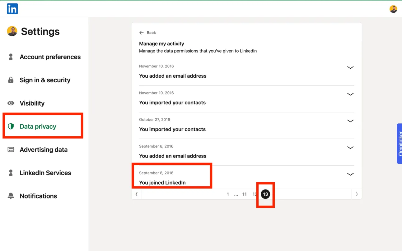 LinkedIn Data privacy settings on the last page of activity, showing the date the account joined LinkedIn
