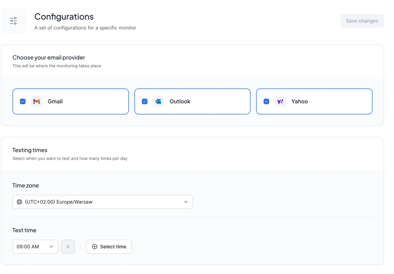 Pulse configuration: Gmail, Outlook and Yahoo selected as test providers, Europe/Warsaw time zone and a 9:00 AM test time