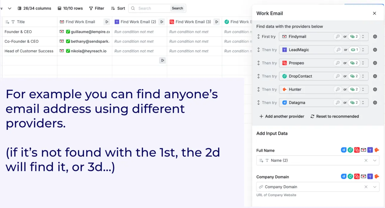 Clay work email waterfall trying Findymail, LeadMagic, Prospeo, DropContact, Hunter and Datagma in turn until one finds the email