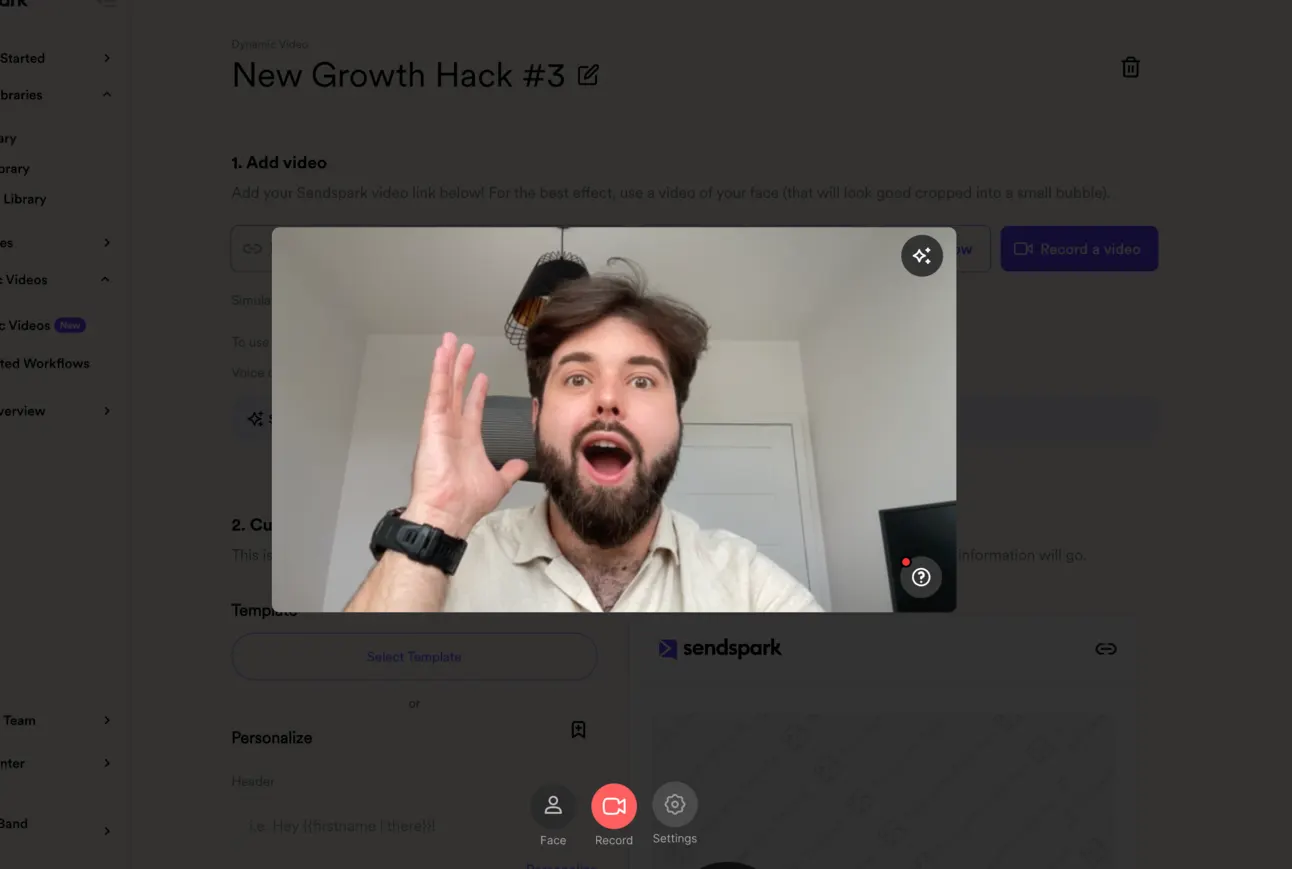 Sendspark recorder open with Ilya waving at the camera as he starts recording