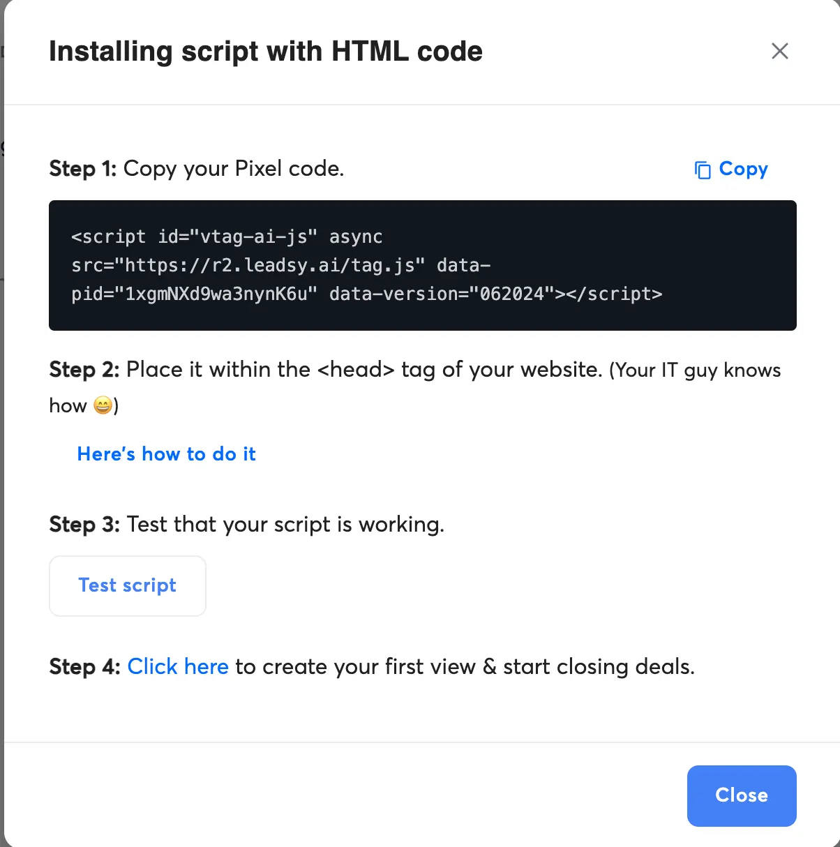 Installing script with HTML code dialog: copy the pixel code, place it in the head tag, then test the script