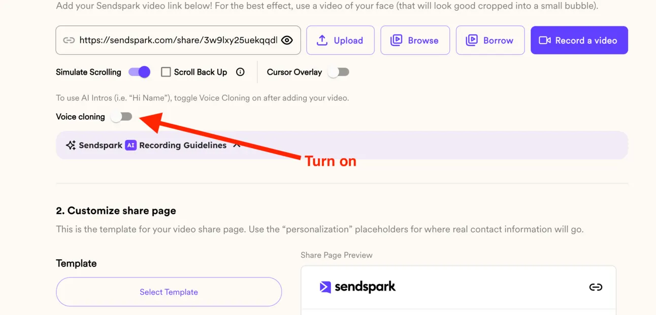 Sendspark video settings with an arrow pointing at the Voice cloning switch, labelled turn on