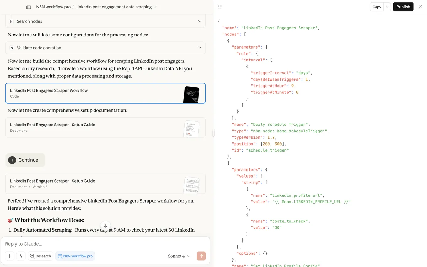 Claude validating nodes and producing a LinkedIn Post Engagers Scraper workflow as JSON, plus a setup guide