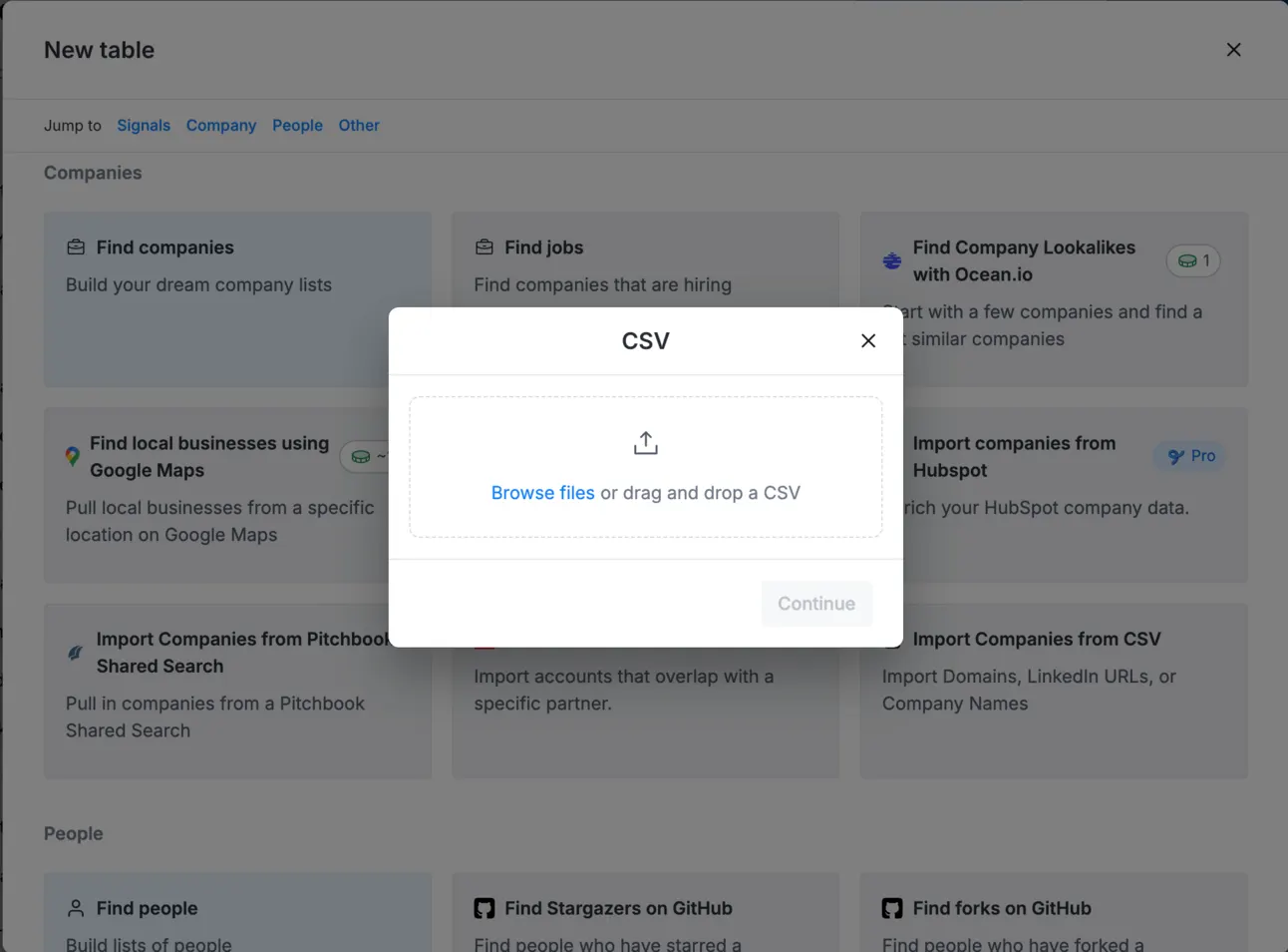 Clay new table screen with the CSV upload dialog open over the import options