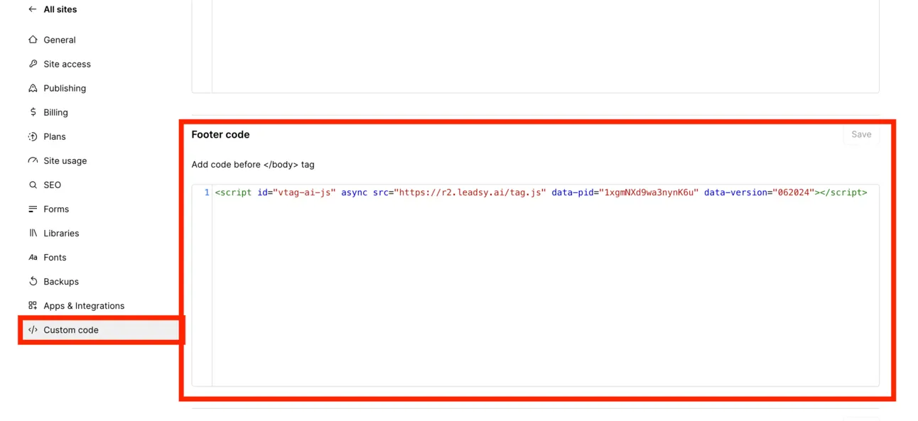 Webflow site settings, Custom code tab, with the visitor pixel script pasted into the footer code field
