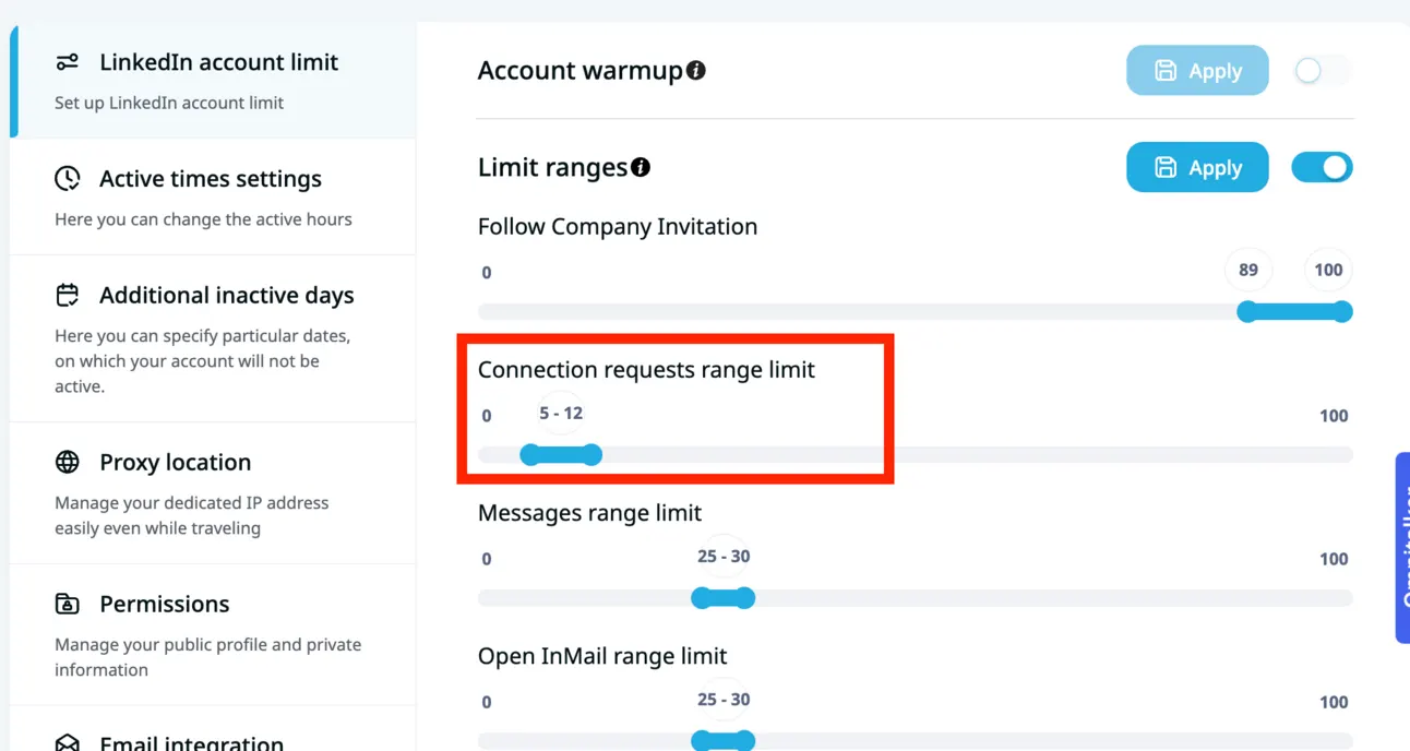 Expandi LinkedIn account limits with the connection request range set low, at 5 to 12 a day