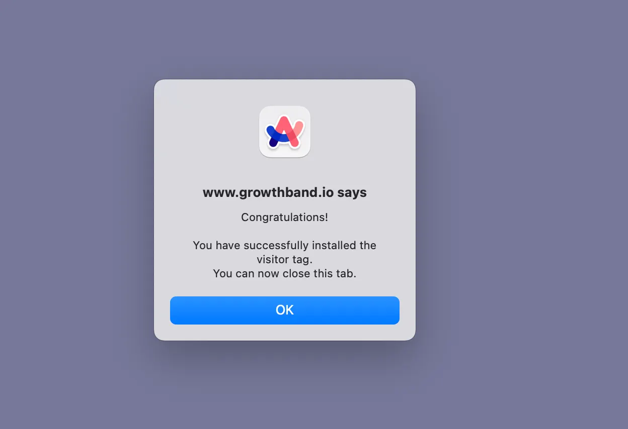 Browser alert saying the visitor tag was installed successfully and the tab can be closed