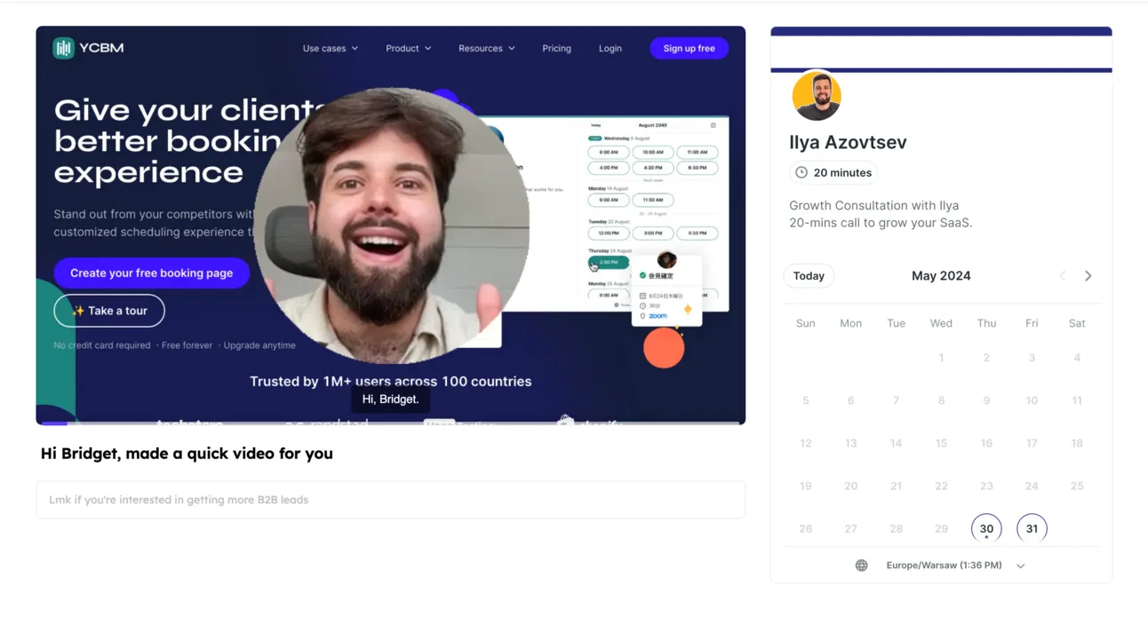 Personalised video page: Ilya's face over the prospect's website, greeting Bridget, with Ilya's booking calendar beside it
