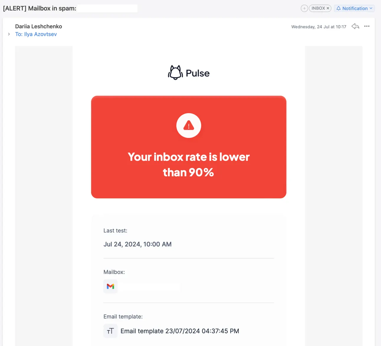 Pulse alert email titled Mailbox in spam: your inbox rate is lower than 90%, last test Jul 24, 2024 at 10:00 AM