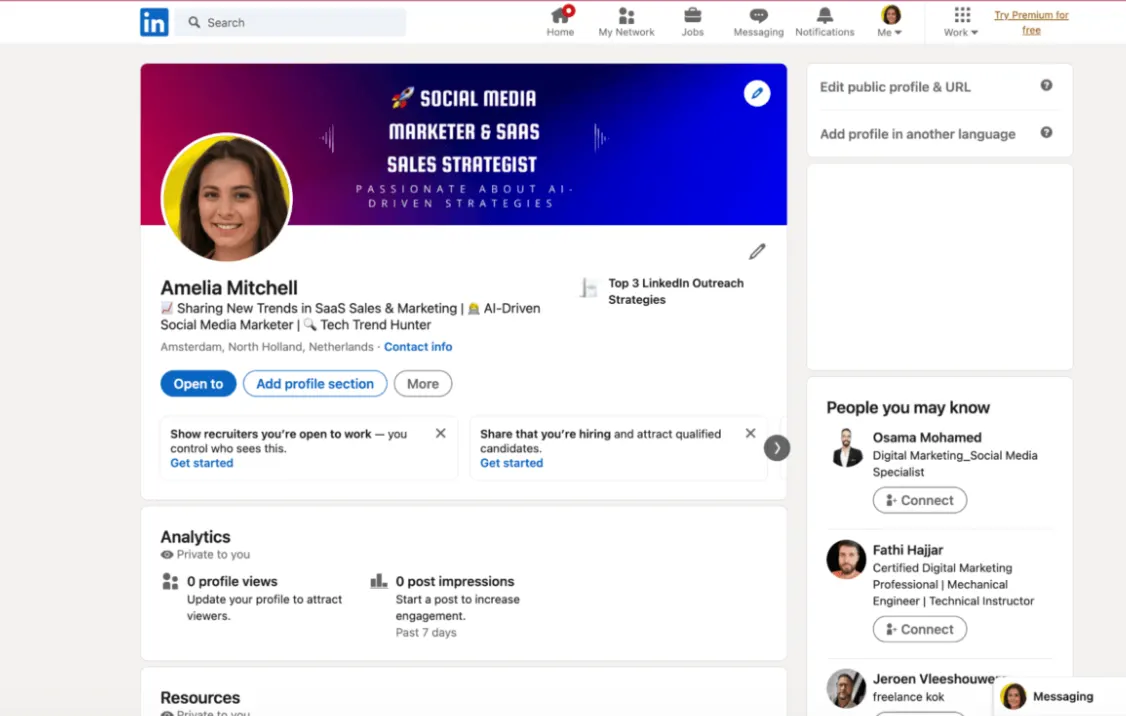 A young LinkedIn profile with zero profile views and zero post impressions