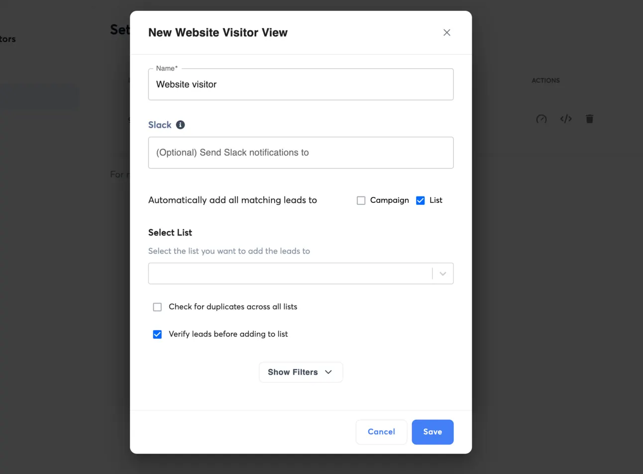 New Website Visitor View dialog with a name, optional Slack notifications and auto-adding matching leads to a list