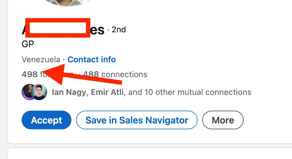 A LinkedIn profile with an arrow pointing at its 488 connections, just under the 500 mark