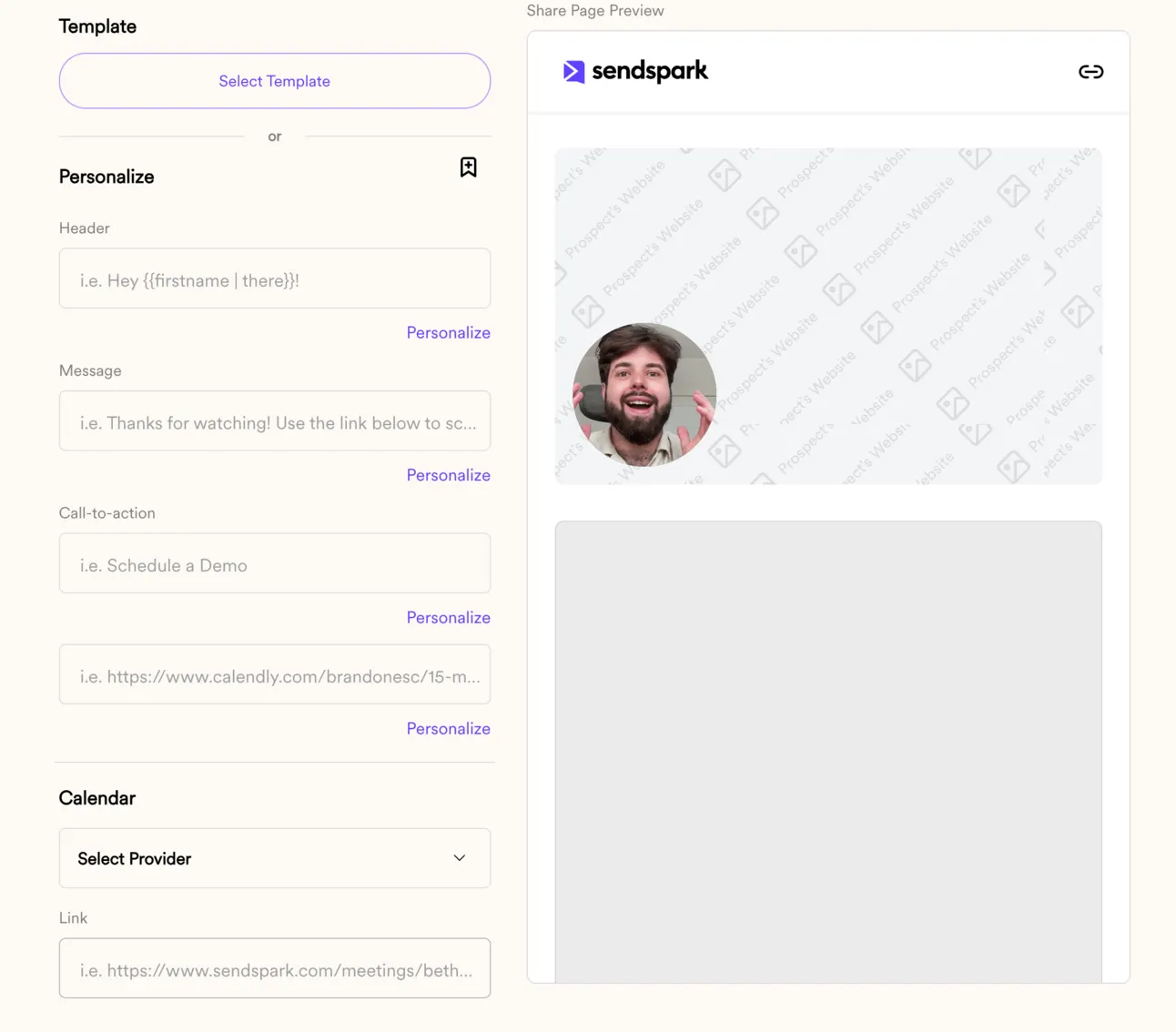 Sendspark share page editor with empty header, message, call-to-action and calendar fields beside the preview