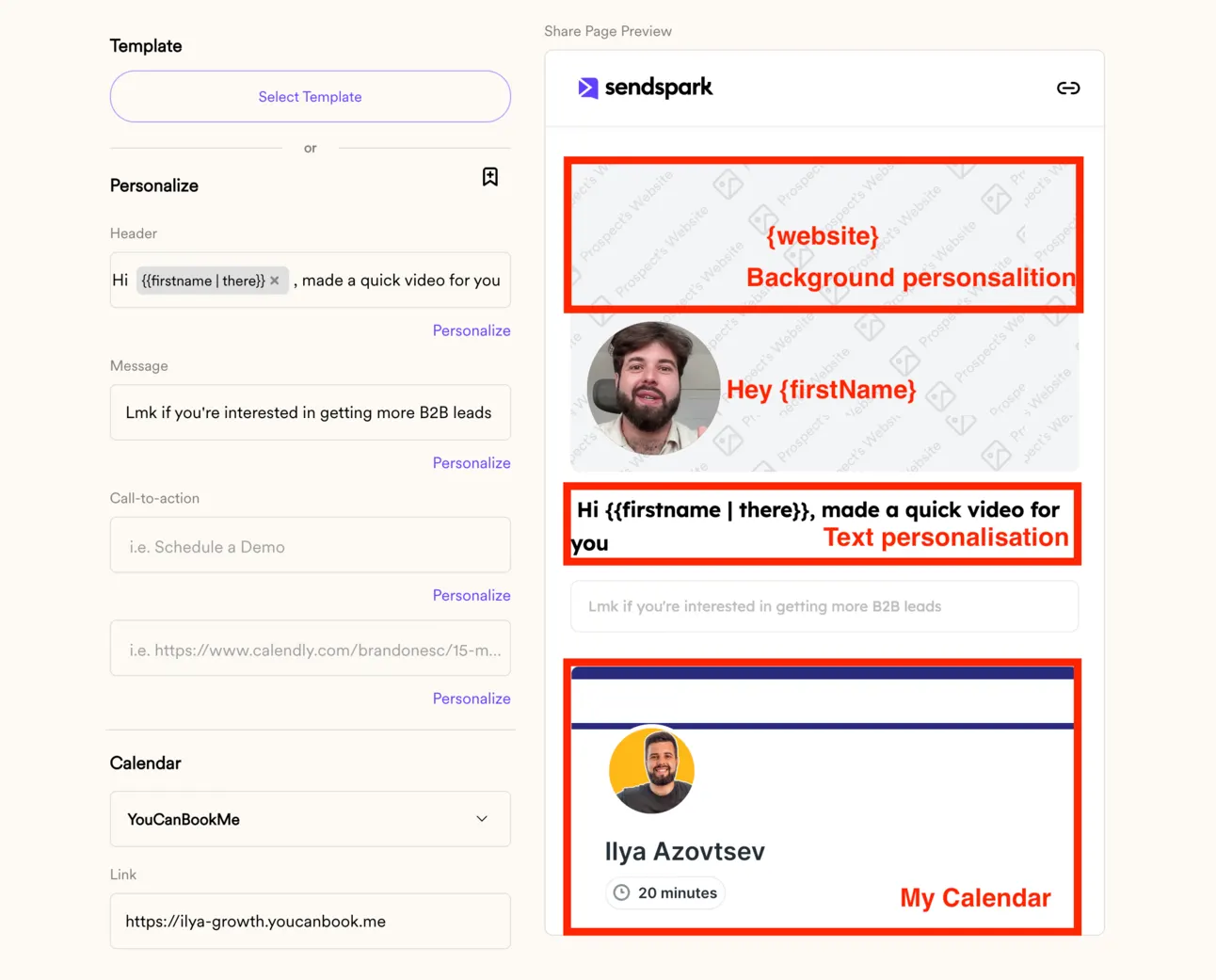 Sendspark share page editor with background, text and calendar personalisation highlighted in the preview