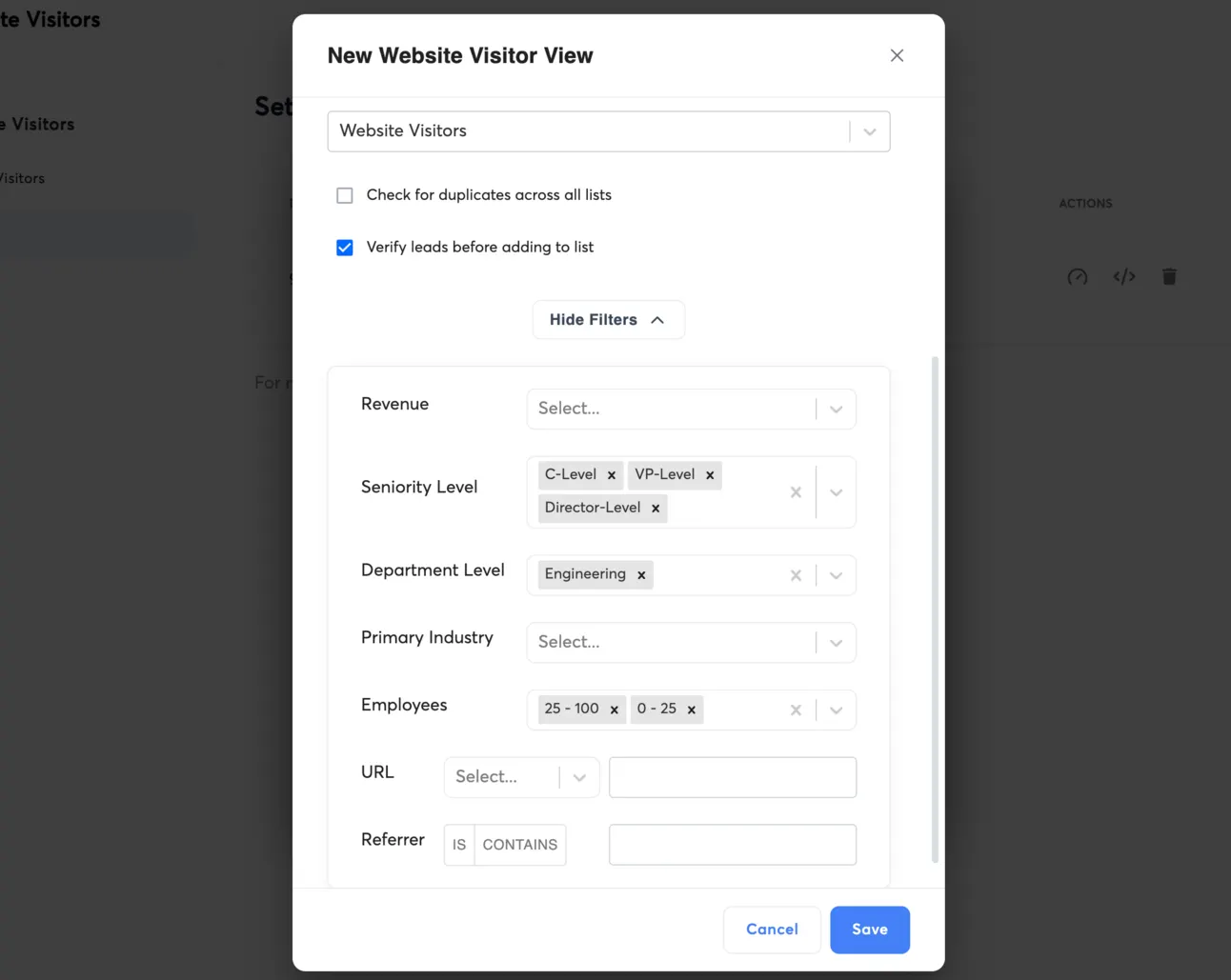 Visitor view filters set to C-level, VP and Director seniority, Engineering department and 0 to 100 employees