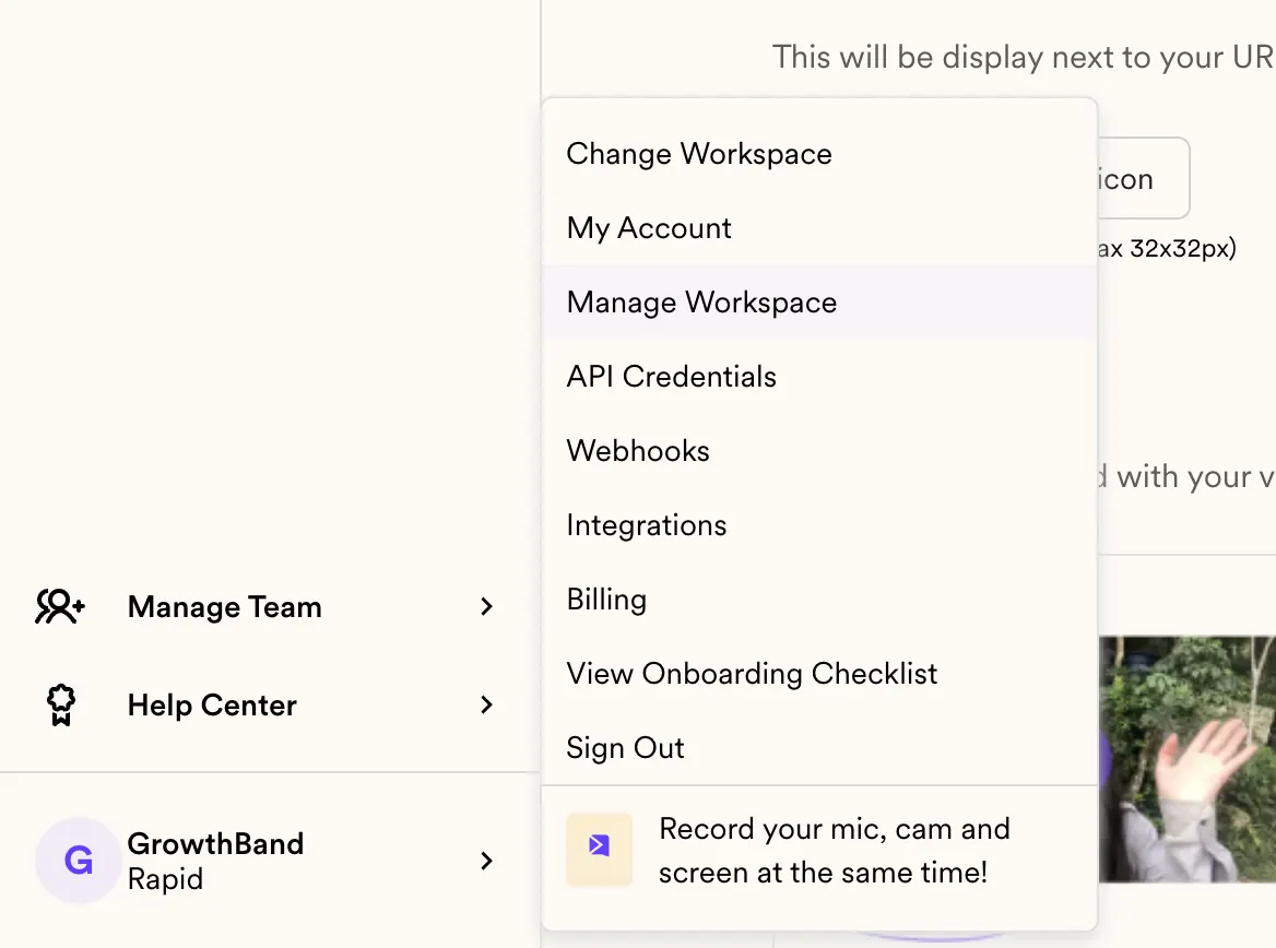 Sendspark account menu open with Manage Workspace highlighted