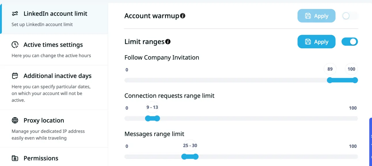 Expandi LinkedIn account limits with connection requests set to 9 to 13 a day