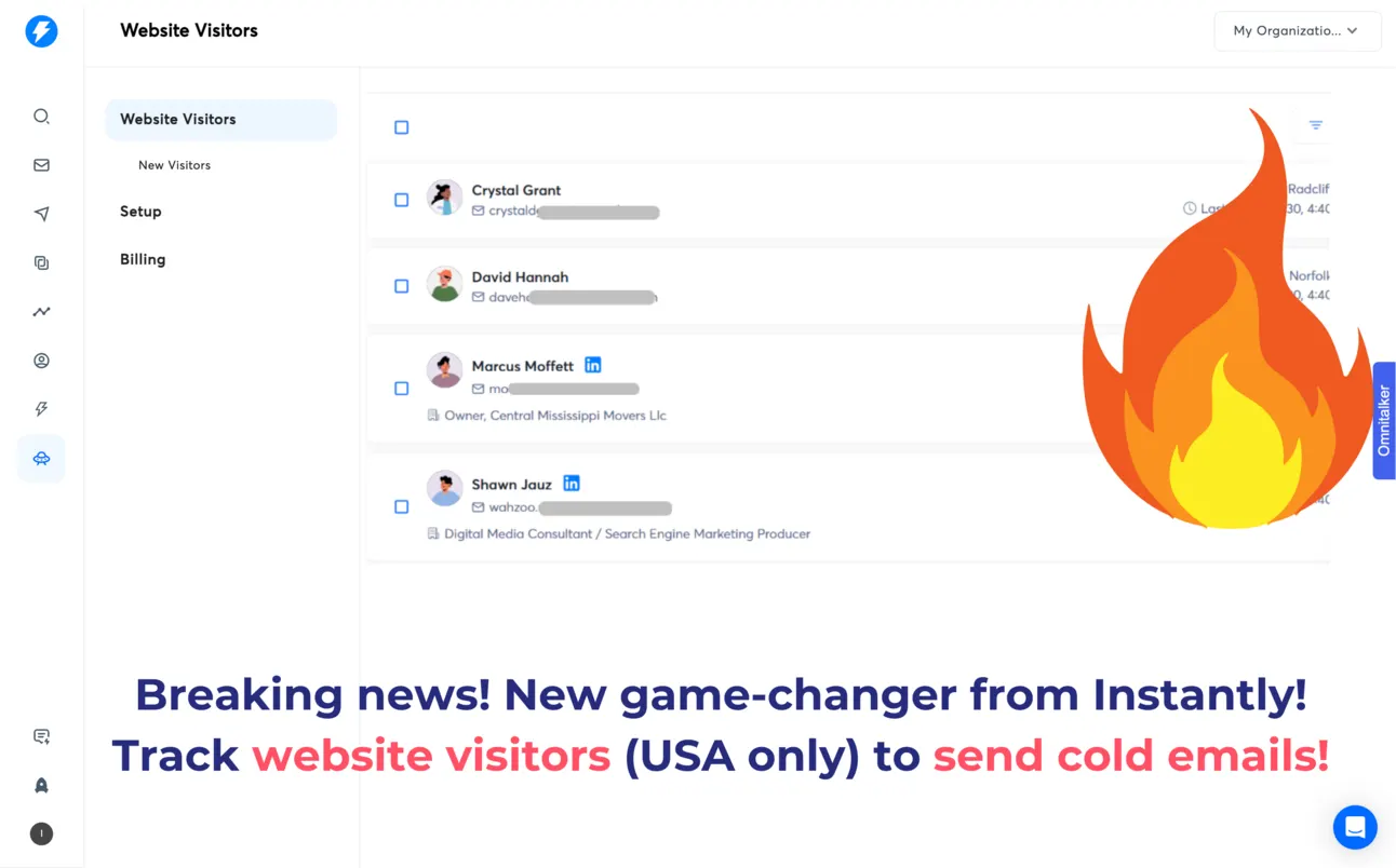 Website Visitors list showing identified visitors who match the ICP filters, with names, emails and job titles