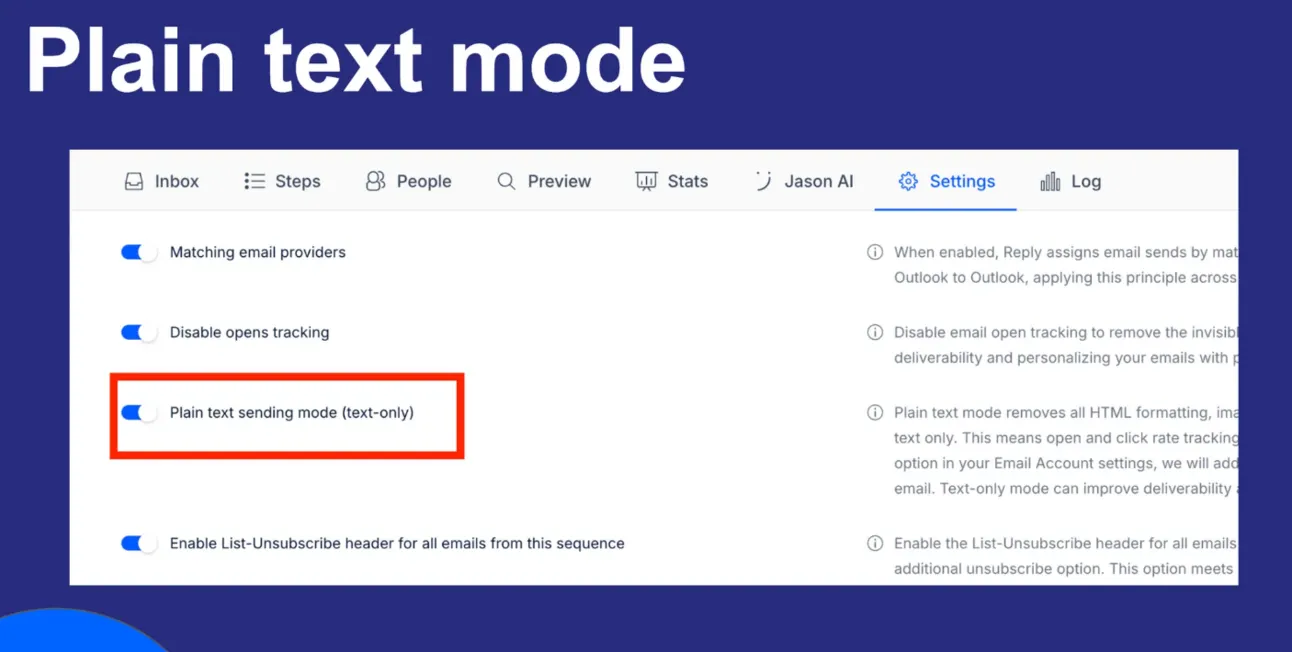 Plain text mode: sequence settings in Reply with Plain text sending mode (text-only) switched on and highlighted
