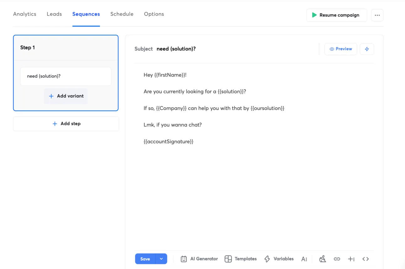 Instantly sequence step with the subject need {solution}? and a short email asking if the visitor is looking for a solution