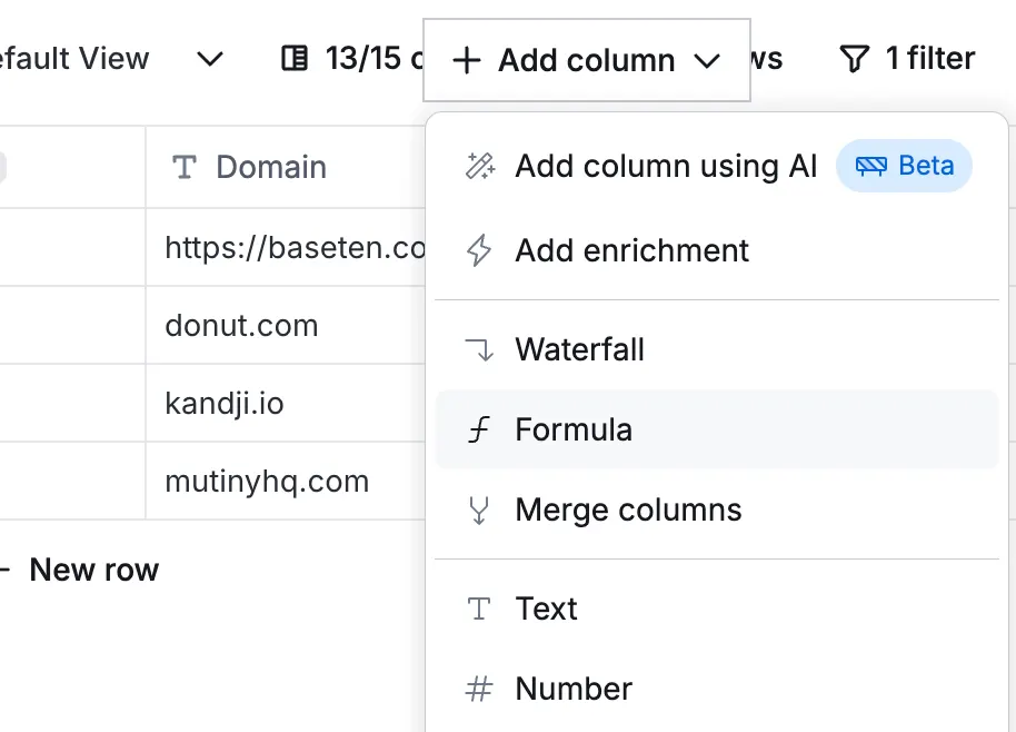 Clay Add column menu with the Formula option highlighted next to a Domain column holding mixed URLs