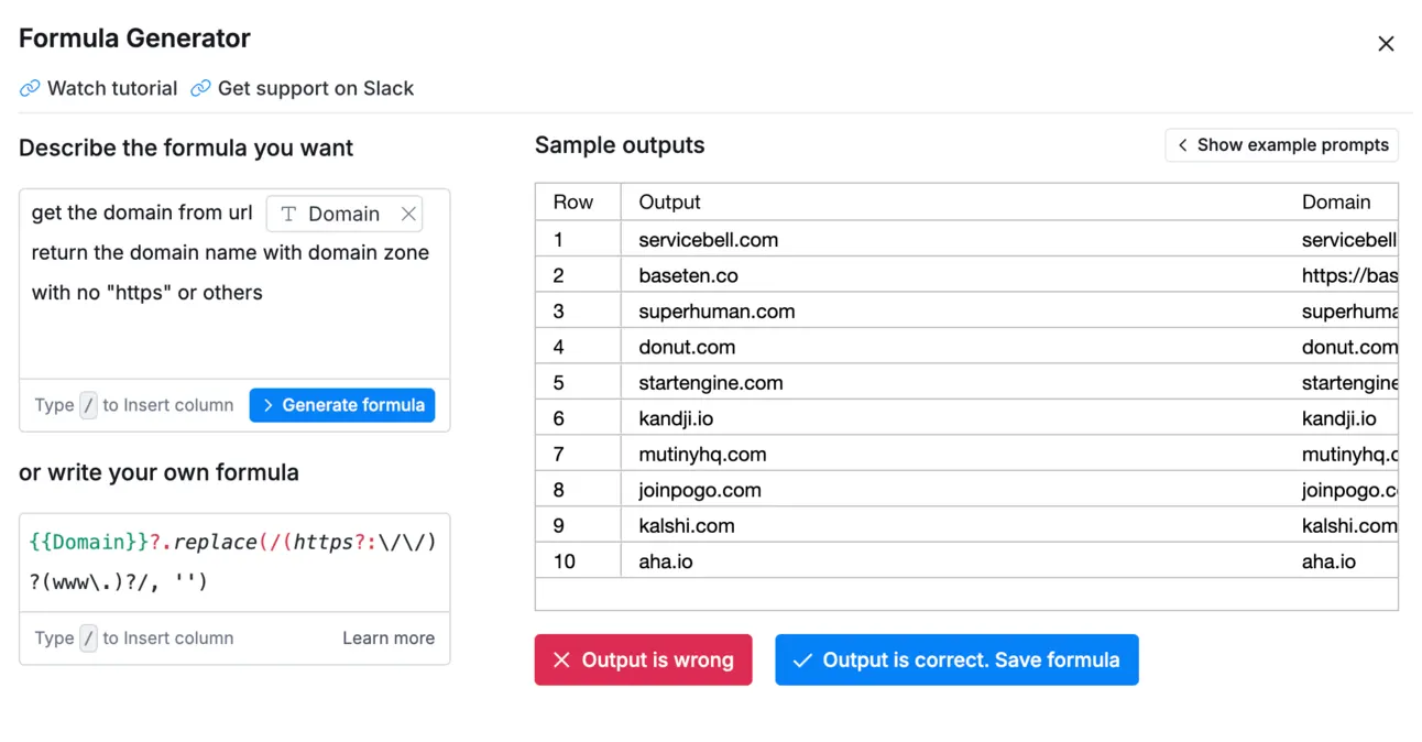 Clay Formula Generator turning a plain-English request into a formula that strips https and www from each domain