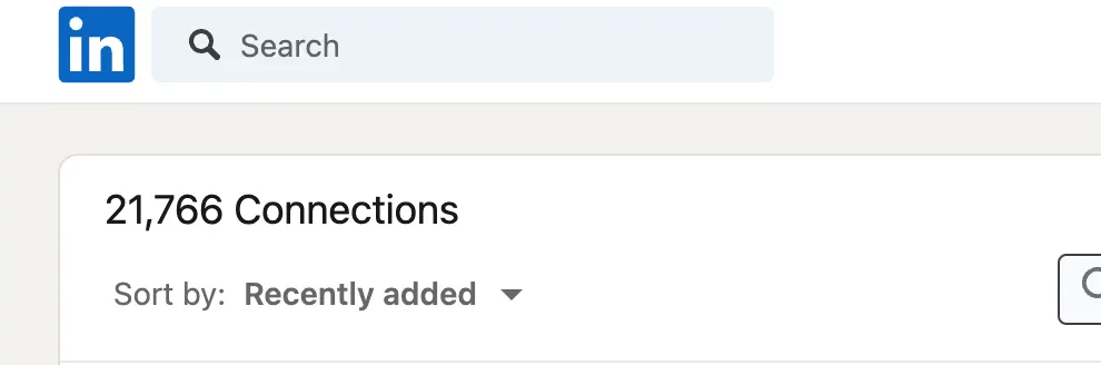LinkedIn connections page showing 21,766 connections