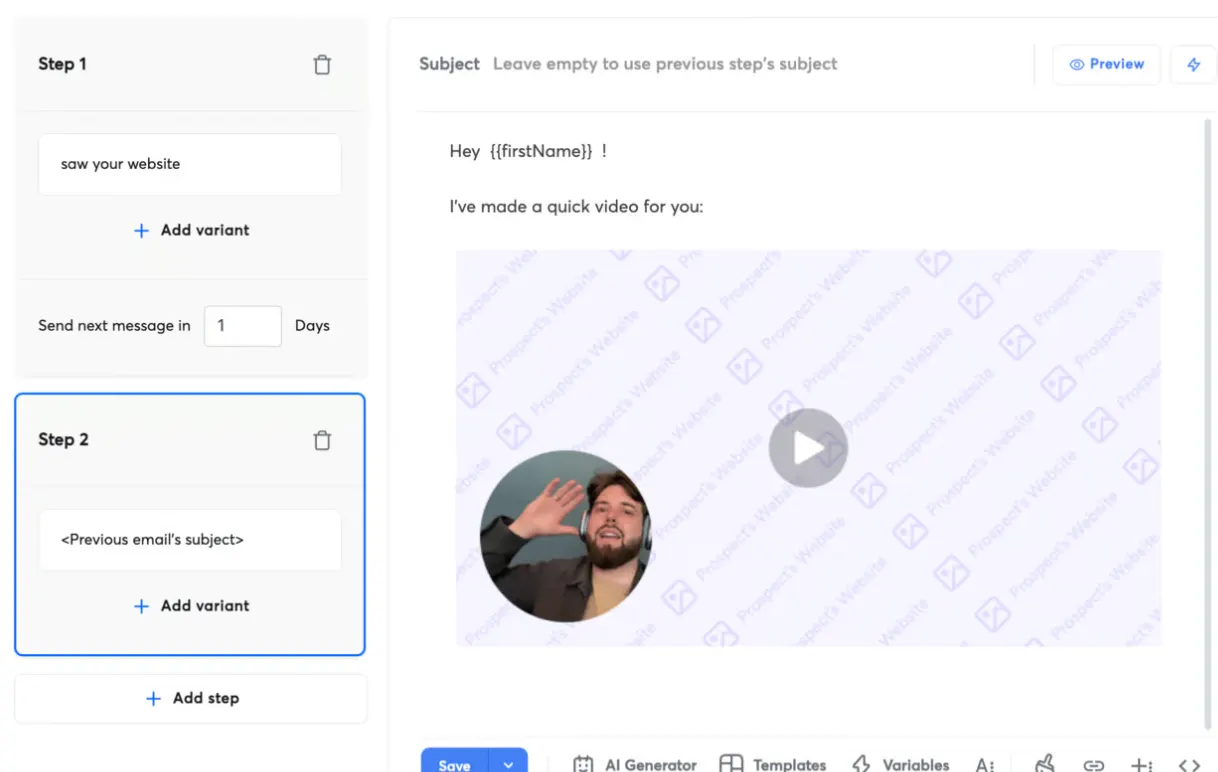 Follow-up email step with a personalised video thumbnail over the prospect's website background