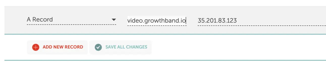 DNS manager with a new A record for the video subdomain pointing to Sendspark's IP address
