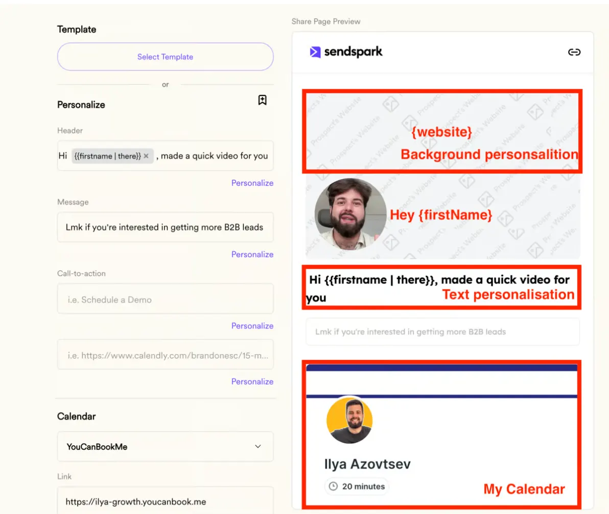 Sendspark editor marking the personalised website background, first name greeting, text and calendar link