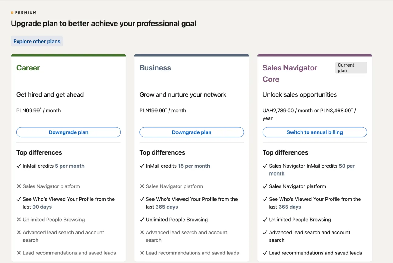 LinkedIn Premium plans compared: Career, Business and Sales Navigator Core with their prices and features