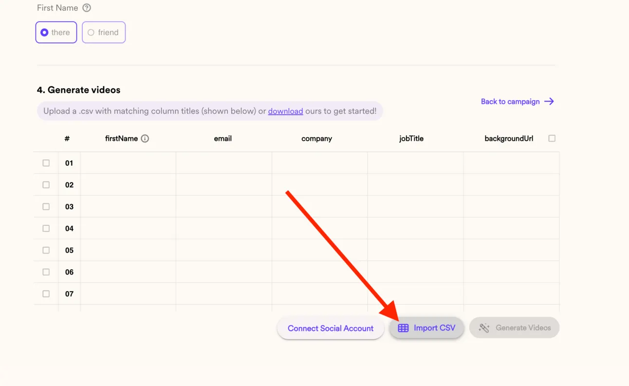 Sendspark Generate videos table for firstName, email, company, jobTitle and backgroundUrl, with an arrow on Import CSV