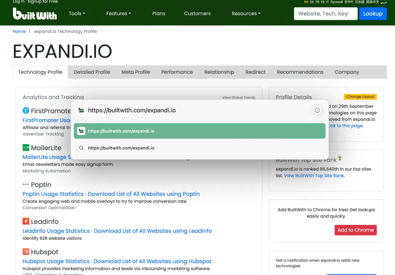 Public BuiltWith technology profile page opened at the address builtwith.com followed by the domain