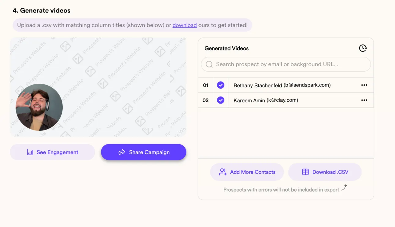 Sendspark generated videos list for two prospects, with Share Campaign and Download CSV buttons